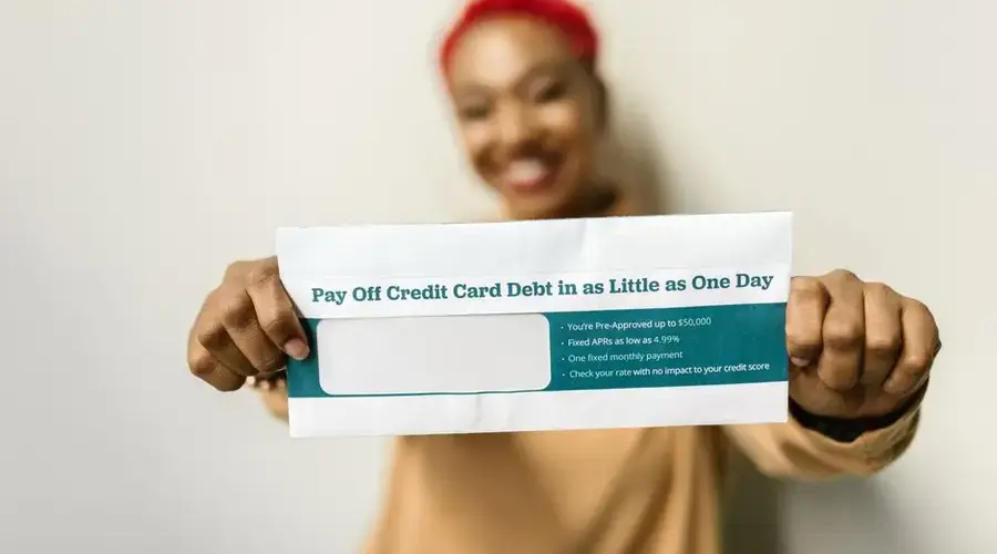 Woman presenting an envelope with a credit card debt offer, blurred background.