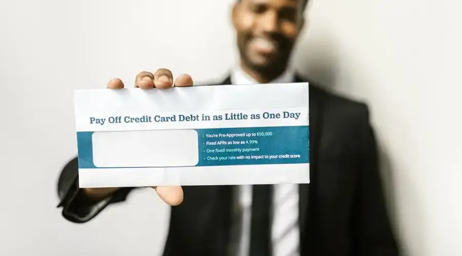 African American man holding envelope emphasizing credit card debt relief options.