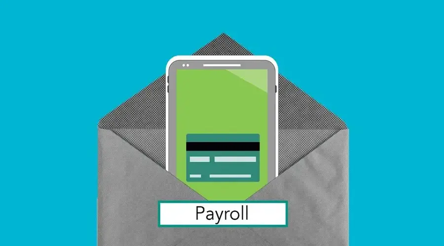 Decorative cardboard illustration of cellphone with application on screen in envelope with Payroll inscription on blue background
