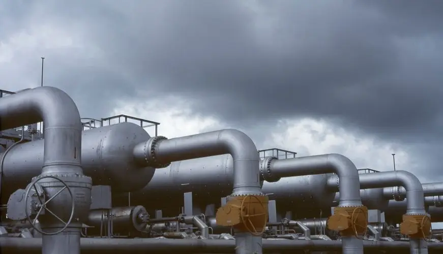 Gloomy industrial scene with metal pipes and valves under dark clouds.
