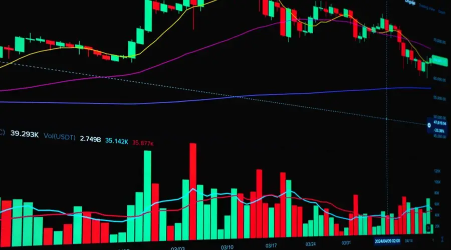 Vibrant stock market chart showing graph trends and trading indicators on a black background.