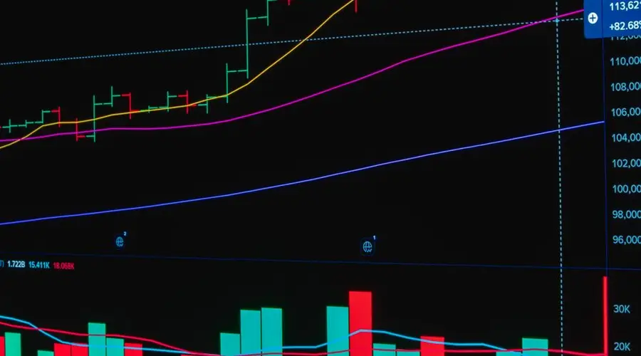 Colorful stock chart showing market trends with candlesticks and moving averages.