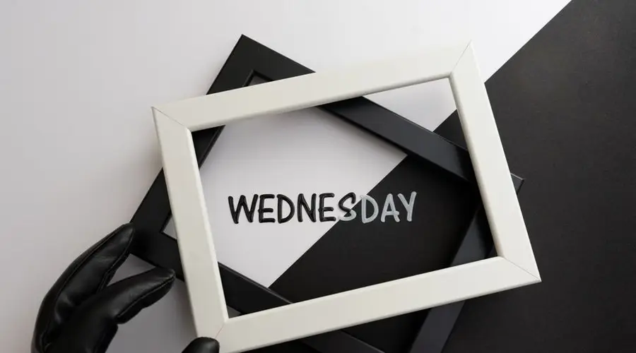 Creative minimalist composition featuring frames and the word Wednesday on a monochrome background.