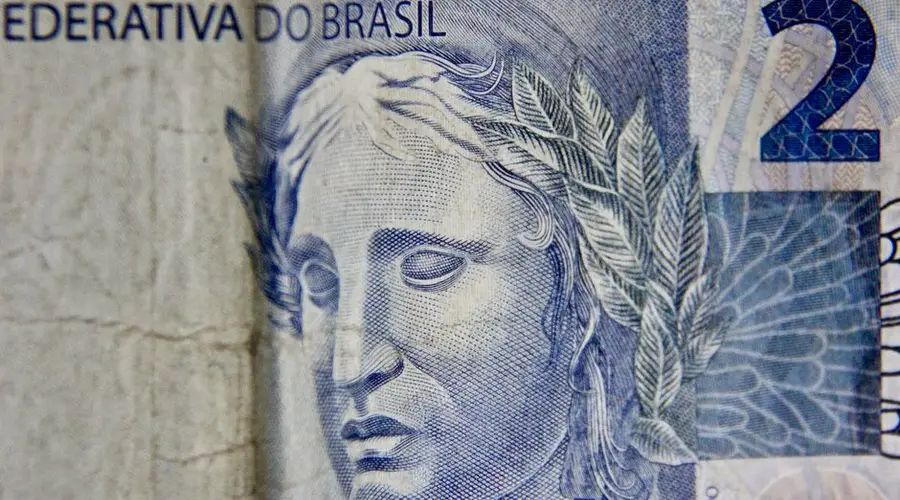 Detailed close-up of a Brazilian two real banknote emphasizing its artistic design.