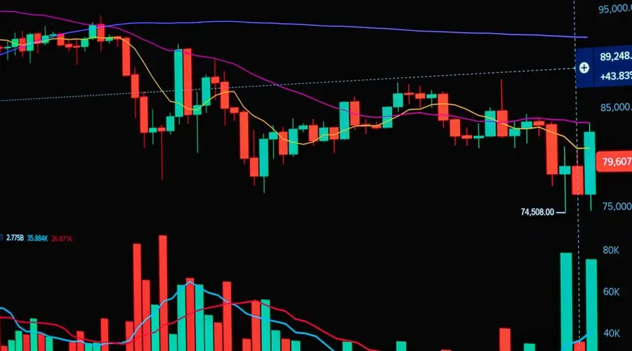 Vibrant financial trading chart displaying candlestick patterns, ideal for stock market analysis visuals.