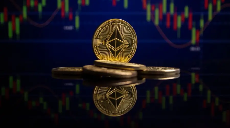 Ethereum coins on reflective surface with stock market chart behind, showcasing cryptocurrency trading.