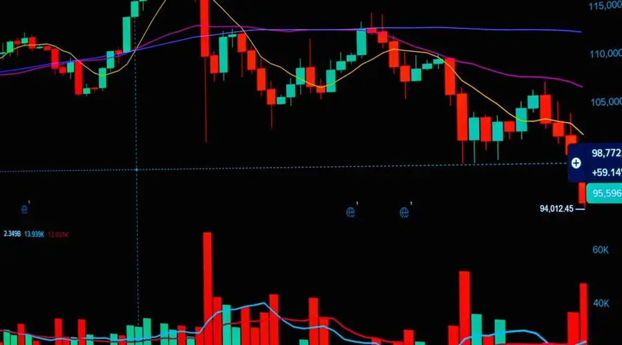 Detailed stock market chart displaying colorful candlesticks and data indicators for cryptocurrency trading analysis.
