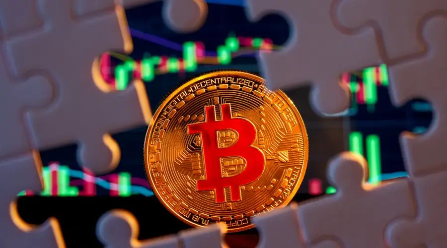 Gold Bitcoin on stock market graph background with puzzle pieces, symbolizing financial strategy.