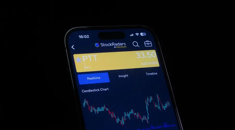 Close-up of a smartphone screen displaying a stock trading app with candlestick charts, showing real-time stock data.