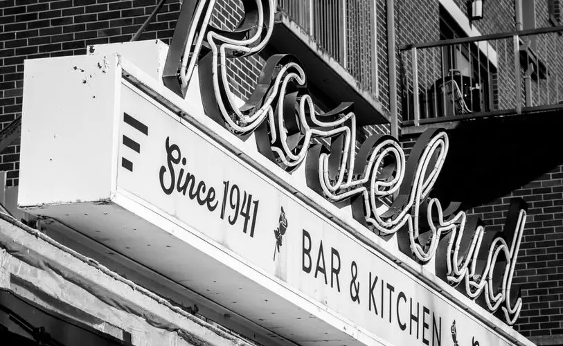Vintage Rosebud Bar & Kitchen neon sign in Somerville, Massachusetts.
