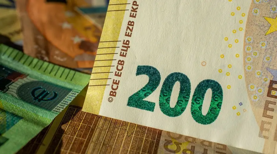 Detailed close-up of a 200 Euro banknote highlighting currency design and details.