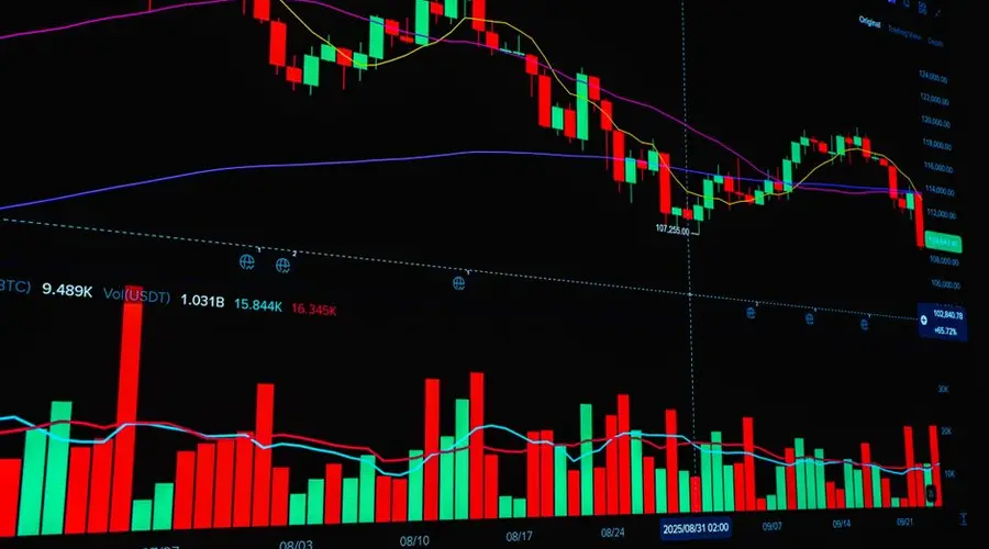 Bright digital chart displaying financial market candlestick patterns and trend lines.