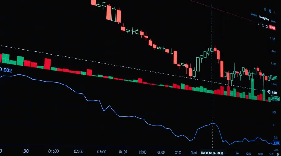 A detailed view of a financial trading chart displaying candlestick patterns and stock market data.