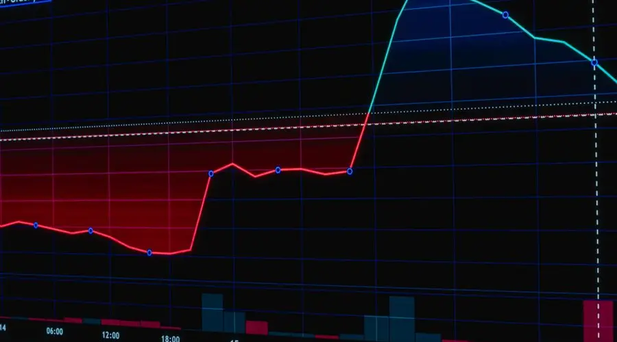 Colorful stock market graph displaying trend lines and data points on a dark background.