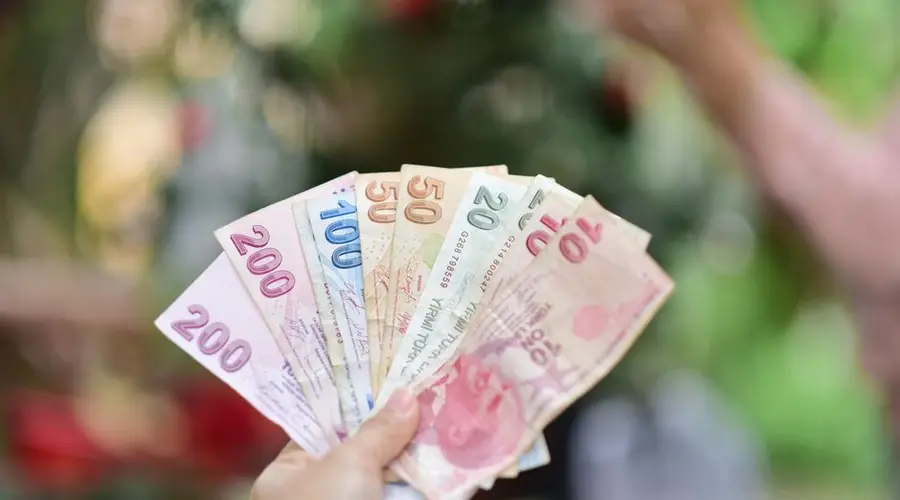 A hand holding multiple Turkish Lira banknotes in an outdoor setting, showcasing various denominations.