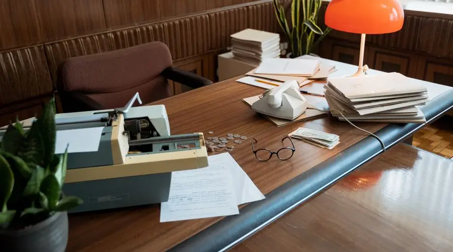 A retro office desk featuring a typewriter, vintage telephone, and stacks of documents.