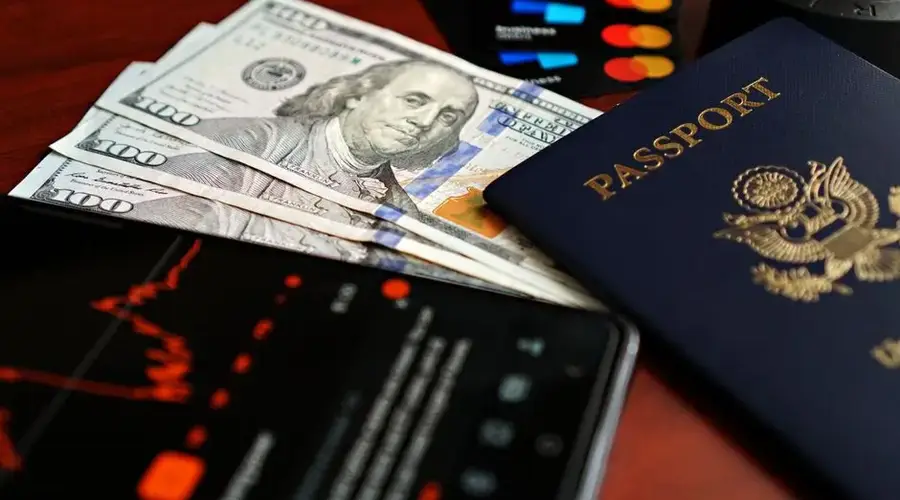 Image of financial elements including US dollars, passport, and digital representation of stock market trends.