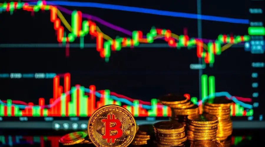 Golden bitcoins with financial growth charts illustrating investment opportunities in cryptocurrency.