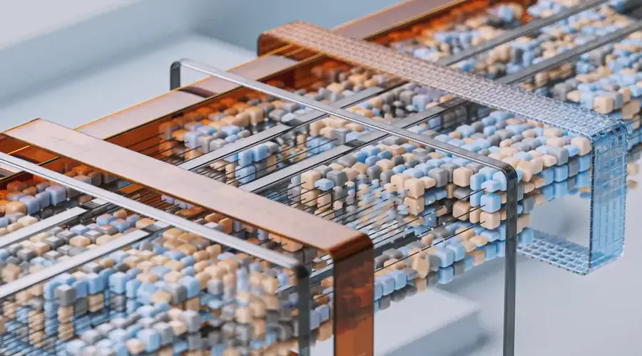 Dynamic 3D render of abstract geometric data paths with colorful blocks representing data flow.