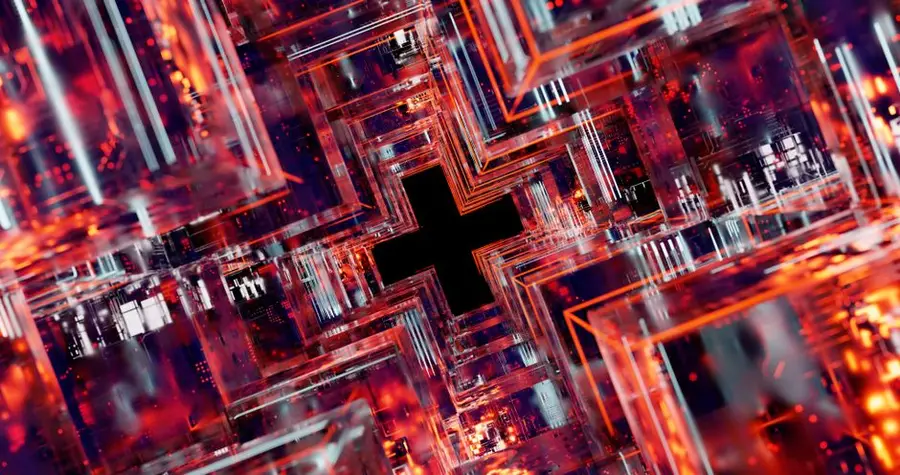 A vibrant 3D rendering of geometric digital art with a futuristic design.