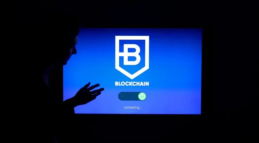 Silhouette of a person interacting with a blockchain technology display screen, showcasing digital innovation.