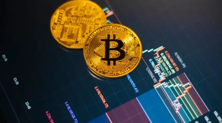 Golden Bitcoin coins on a digital stock market chart showcasing cryptocurrency trading.