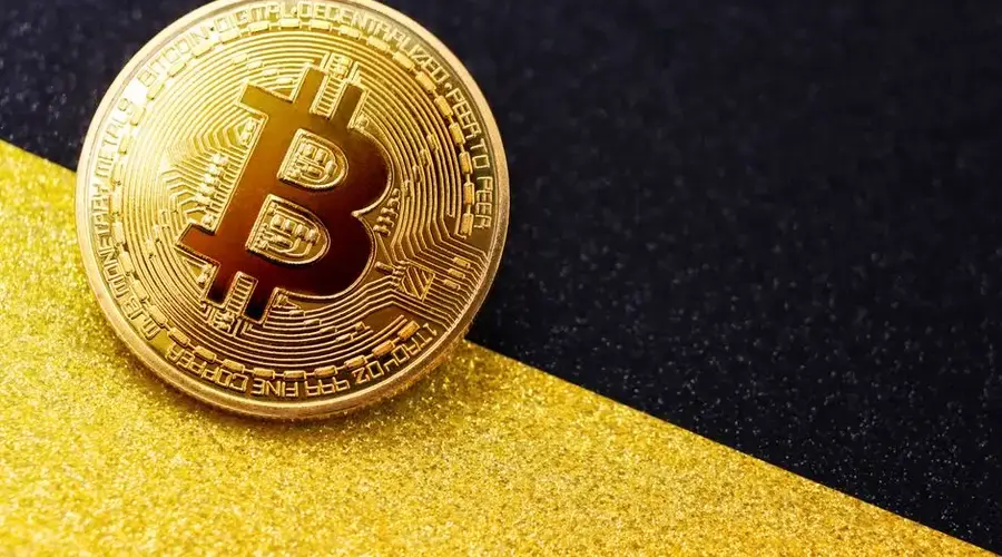 Close-up of a golden Bitcoin on a contrasting black and gold background, symbolizing digital currency and finance.