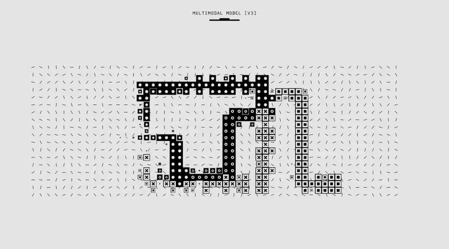Abstract representation of a multimodal model with vectorized patterns and symbols in monochrome.