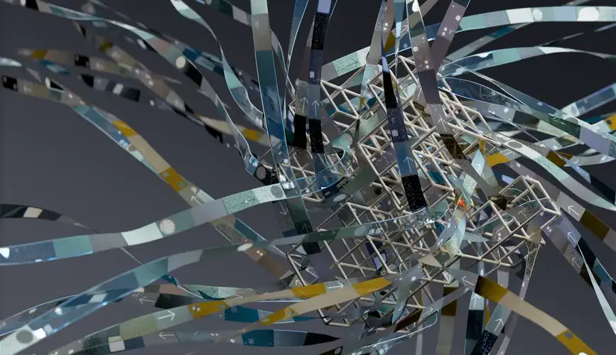 Intricate wireframe with dynamic ribbons in an abstract 3D composition.