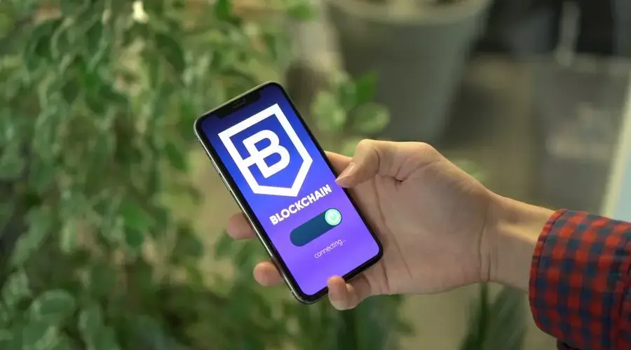 Close-up of a smartphone showing a blockchain app screen held by a hand.