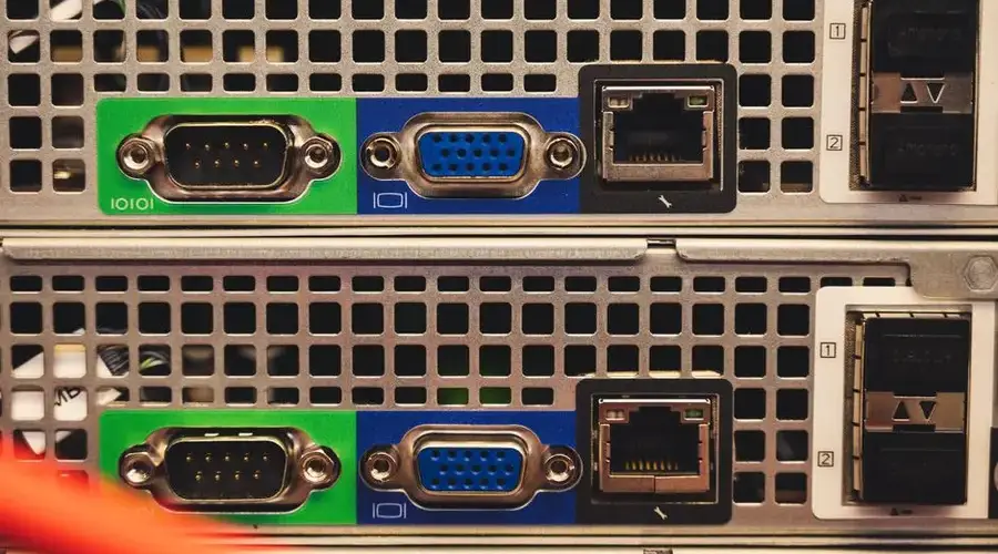Detailed view of Ethernet and VGA ports on a server highlighting connectivity features.