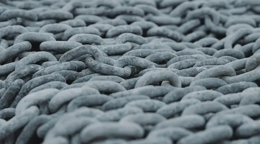 Detailed view of intertwined steel chains creating a rugged texture.