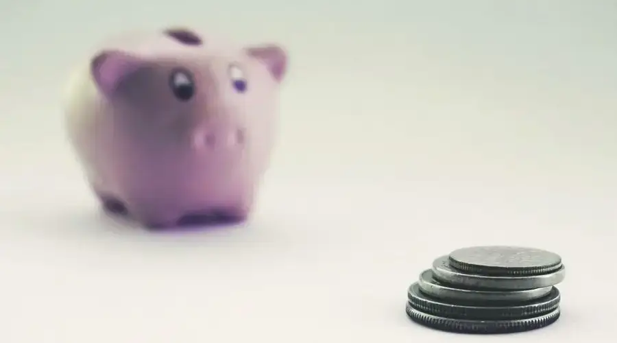 A pink piggy bank blurred in the background with stacked coins in the foreground on a white surface.