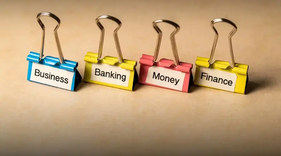 Close-up of binder clips with labels for business, banking, money, and finance concepts.