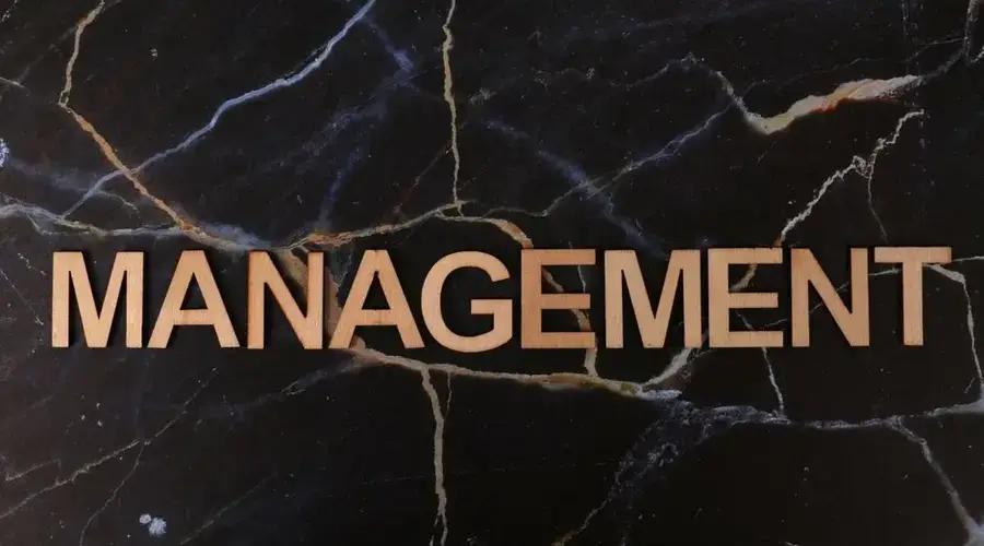 Wooden letters spelling 'Management' on black marble background with golden veins.