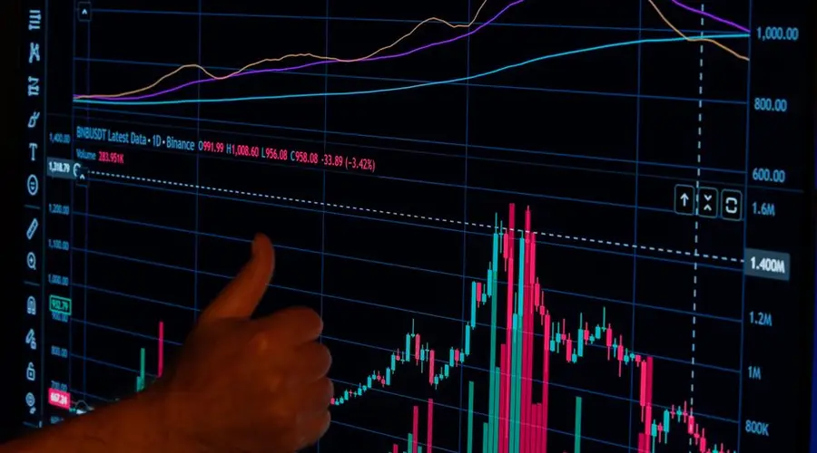 A hand giving a thumbs up in front of a financial graph displaying market trends.