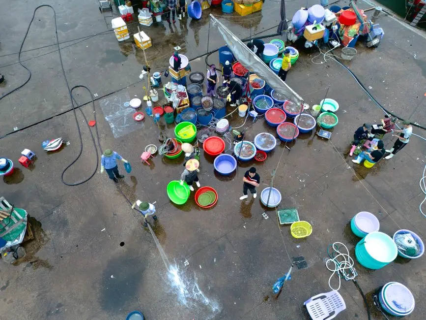 Aerial shot of vibrant market scene with colorful buckets and people on wet pavement.
