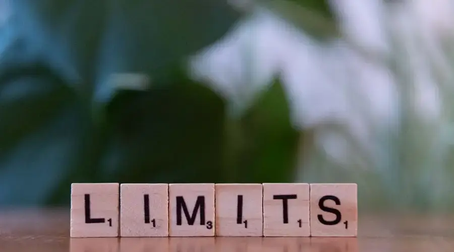 Wooden letter tiles forming the word 'LIMITS' on a wooden table.