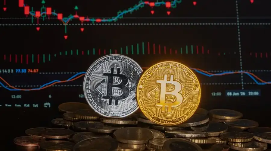 Cryptocurrency coins with a financial market graph in the background, symbolizing investment and economic trends.