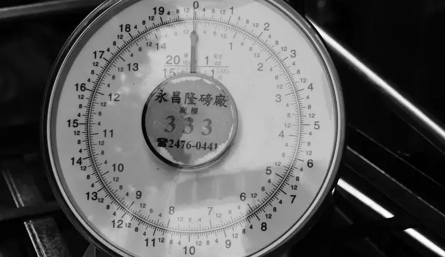 Retro round scale with precision markings and numbers in black and white.