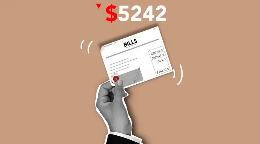 Cutout paper composition with paper document with expensive cost for paying for different services or apartment bill on brown background