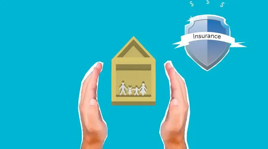 Decorative cardboard illustration of person hands protecting house with human figures near shield with Insurance inscription on blue background