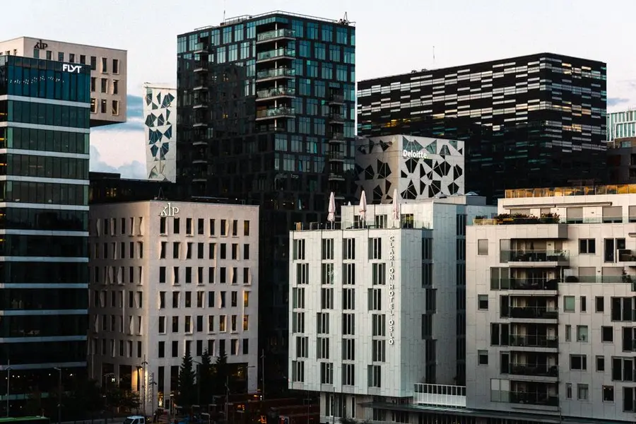 Skyline view of Oslo's Barcode Project buildings with modern architecture.