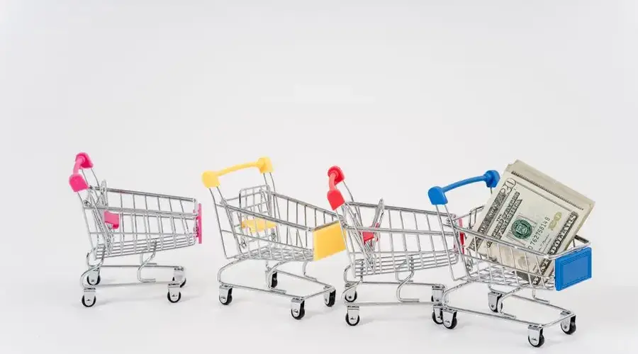 Miniature shopping carts in bright colors with dollar bills imply financial shopping themes.