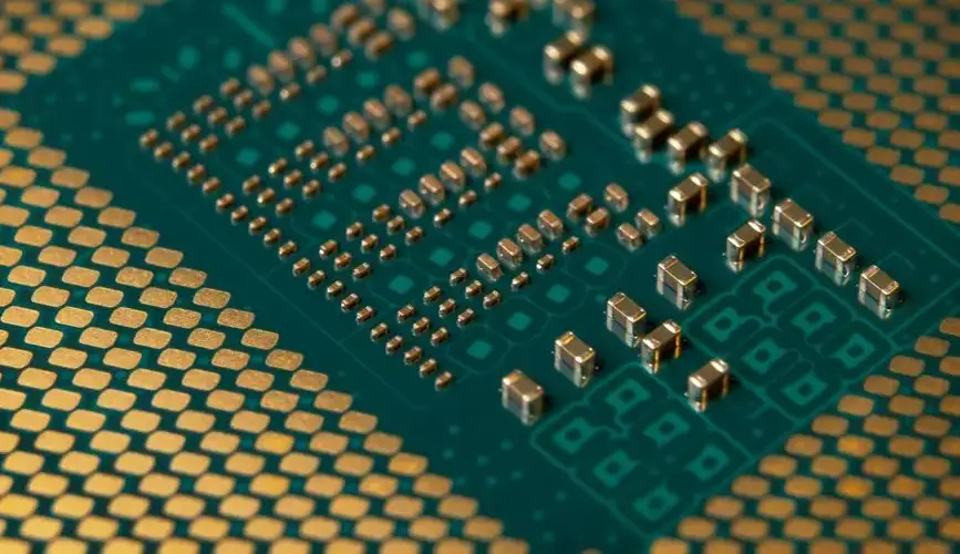 Detailed close-up of a microprocessor circuit board showcasing intricate circuitry and components.