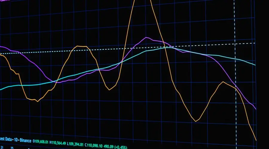 Colorful financial graph lines displayed on a black screen showing market data and trends.