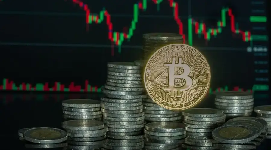 Bitcoin coins stacked with a financial graph in the background symbolize digital currency growth.