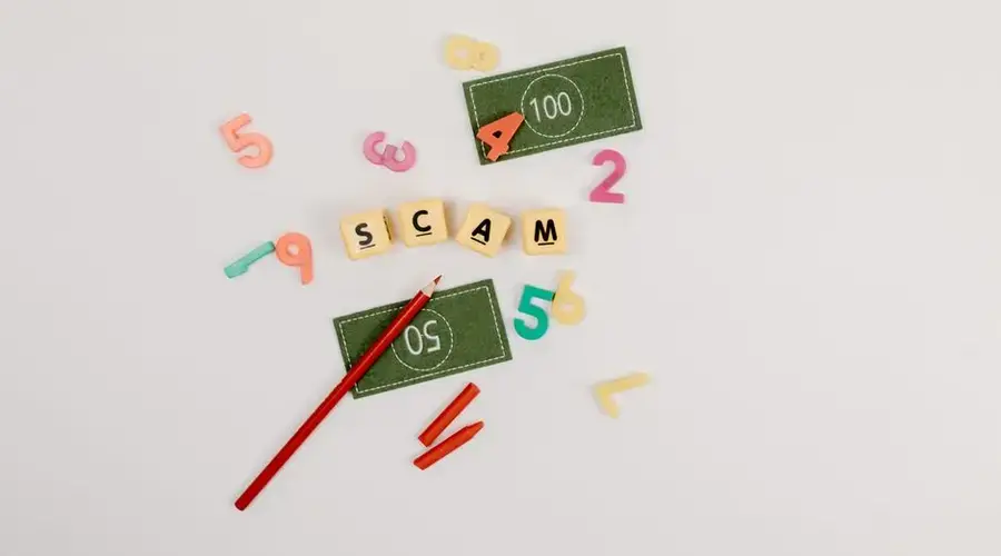 Creative flat lay of scam concept with play money and numbers.