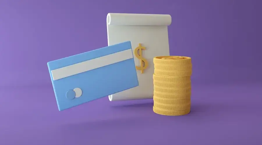 3D illustration of a credit card, coins, and dollar sign on a purple background. Ideal for finance themes.
