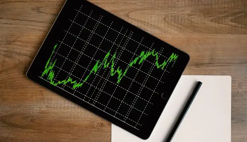 Flatlay of an iPad displaying stock market graph on a wooden desk with a pencil and paper.